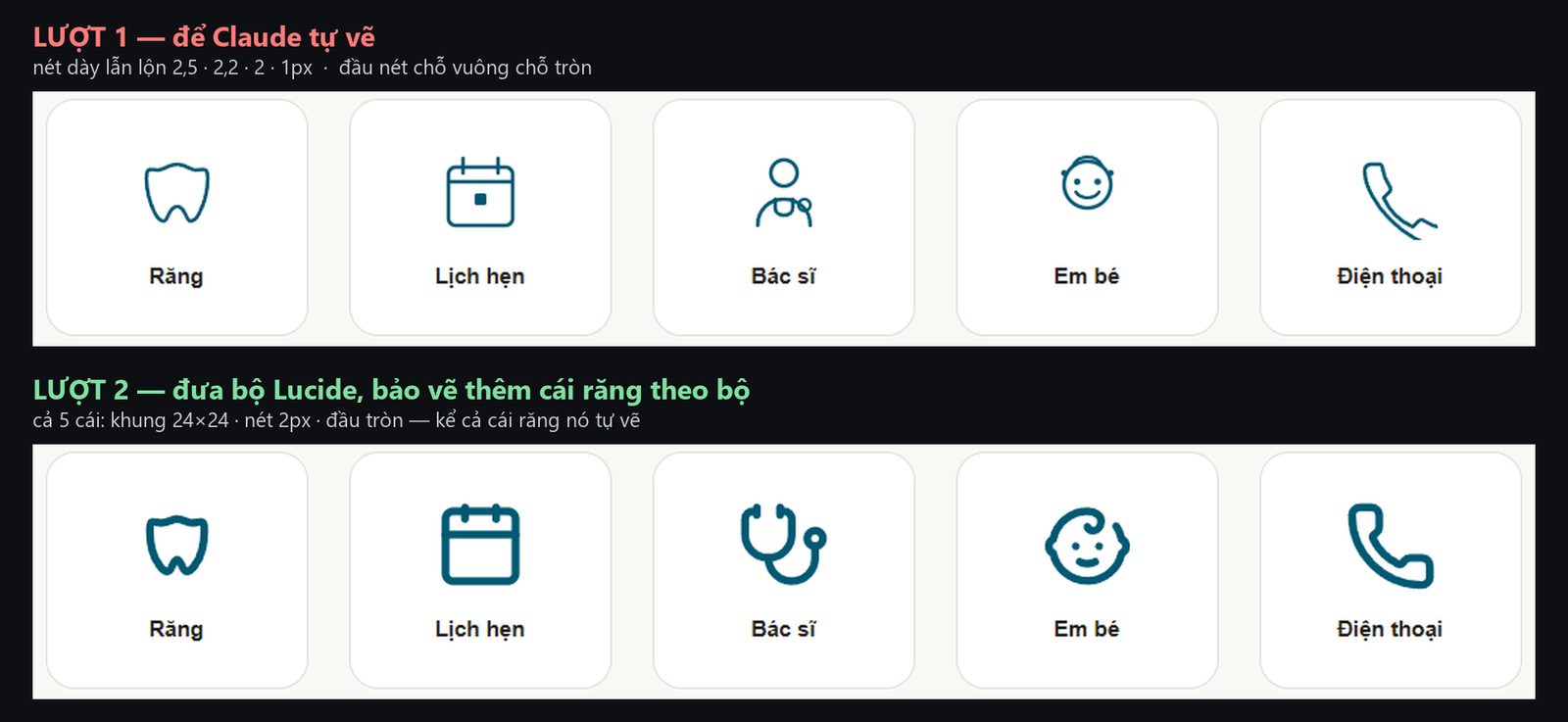 Hai hàng icon: hàng trên Claude tự vẽ nét dày mỏng lẫn lộn, hàng dưới theo bộ Lucide cùng một nét