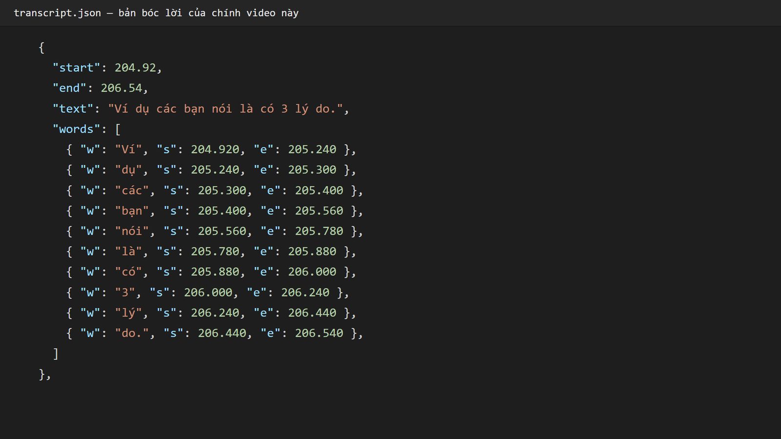Một đoạn file transcript.json: mỗi chữ có giờ bắt đầu và giờ kết thúc, chữ "3" rơi đúng giây 206,0