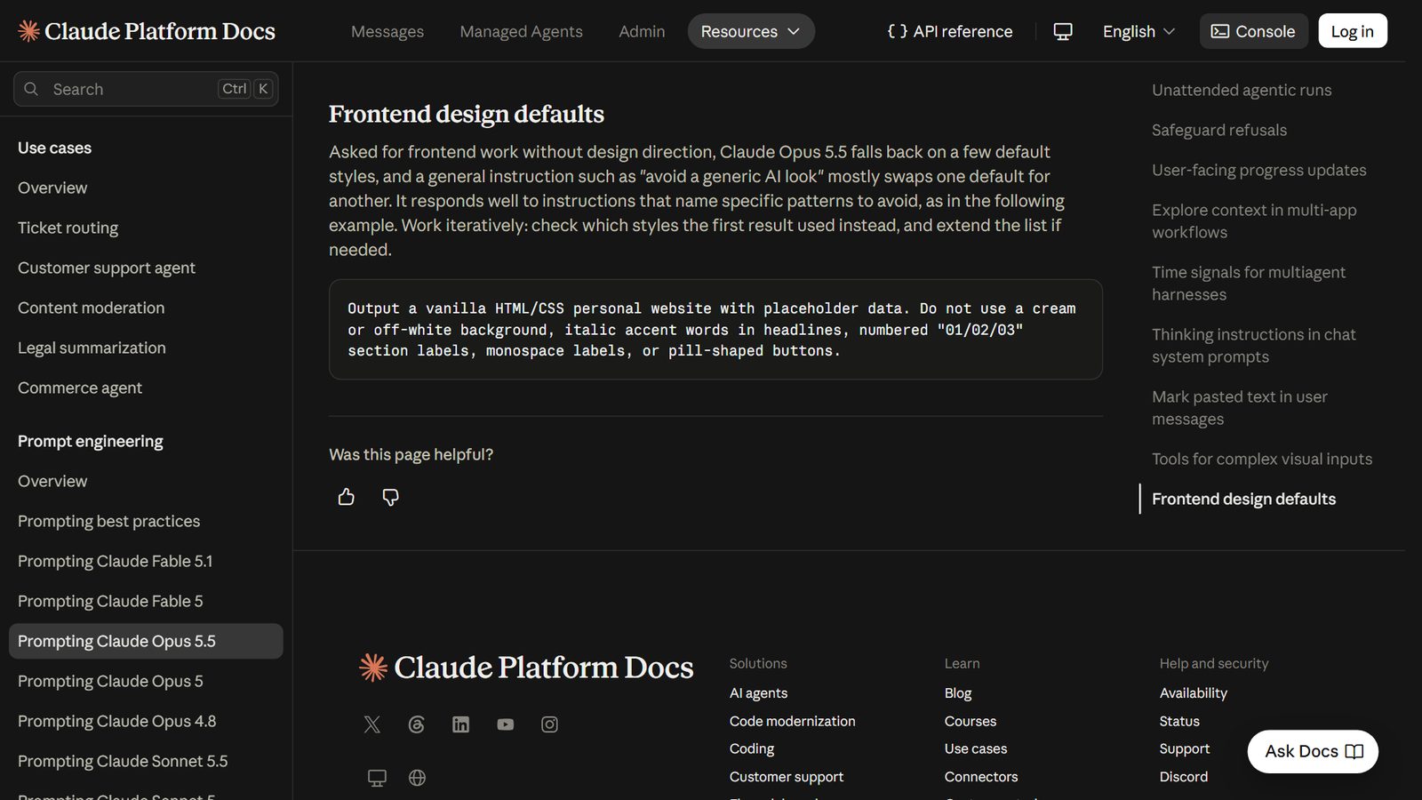 Trang tài liệu Anthropic, mục Frontend design defaults, với ví dụ câu lệnh gọi tên từng thứ cần cấm