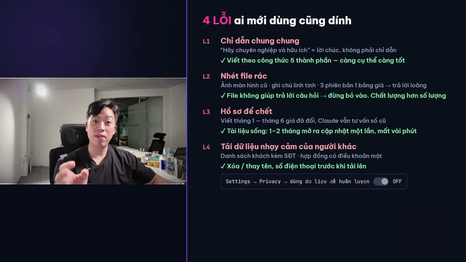 Slide bốn lỗi thường gặp khi dùng Claude Projects và cách sửa từng lỗi