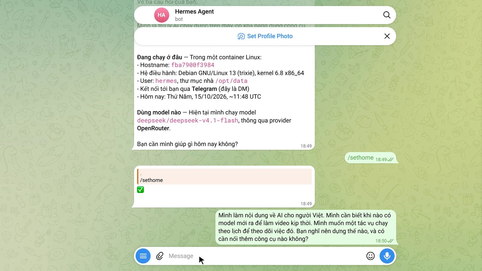 Câu giao việc gửi cho bot Hermes trong Telegram, phía trên là câu nó tự giới thiệu đang chạy trong container trên máy chủ bằng DeepSeek qua OpenRouter