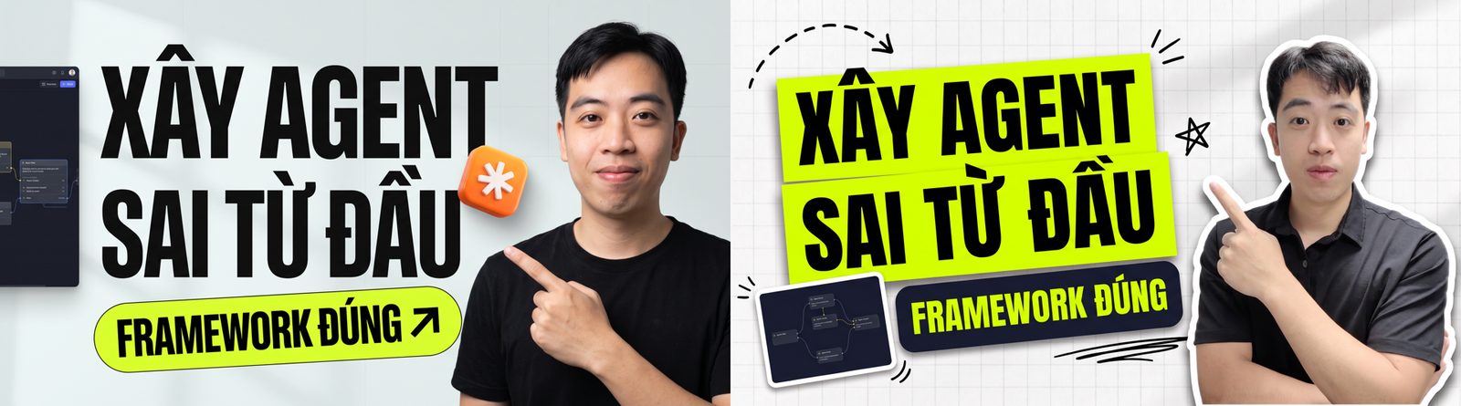 So sánh hai thumbnail cùng tiêu đề: bên trái AI vẽ lại mặt, bên phải ghép ảnh chụp thật với viền sticker