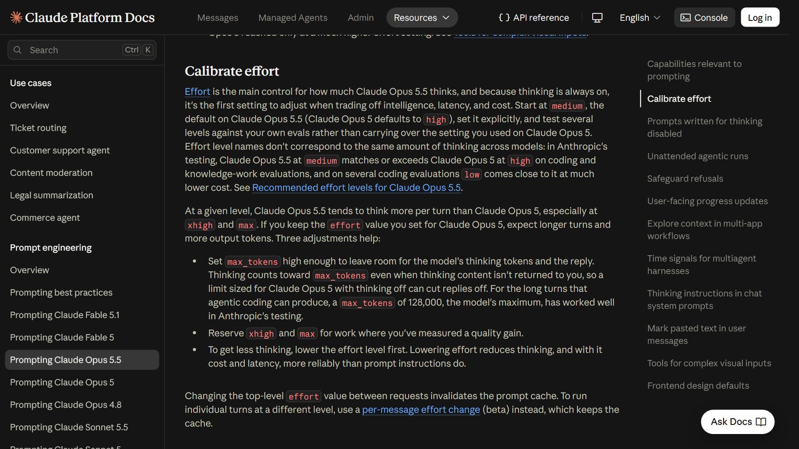 Trang tài liệu Anthropic, mục Calibrate effort: bắt đầu ở medium, cùng một mức thì Opus 5.5 nghĩ nhiều hơn Opus 5, dành xhigh và max cho việc đã đo thấy tăng chất lượng