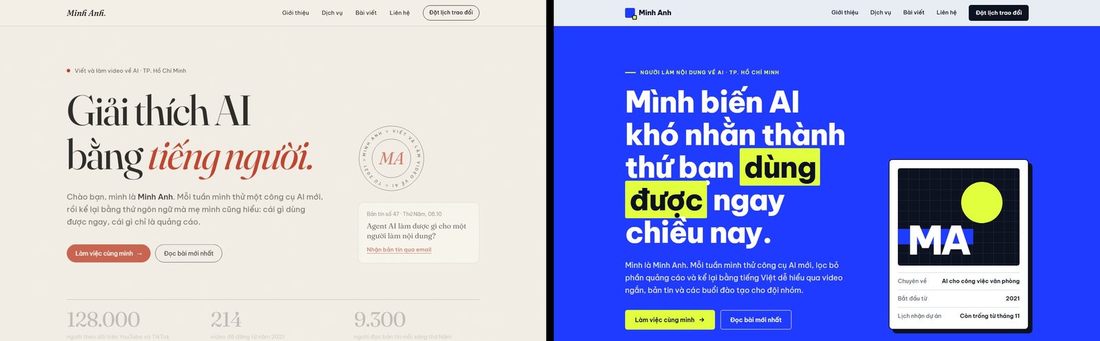 Hai trang web cùng một đề bài: bên trái không dặn gì ra nền kem, chữ nghiêng, nút tròn; bên phải thêm năm dòng cấm ra nền xanh đậm, chữ dày, góc vuông