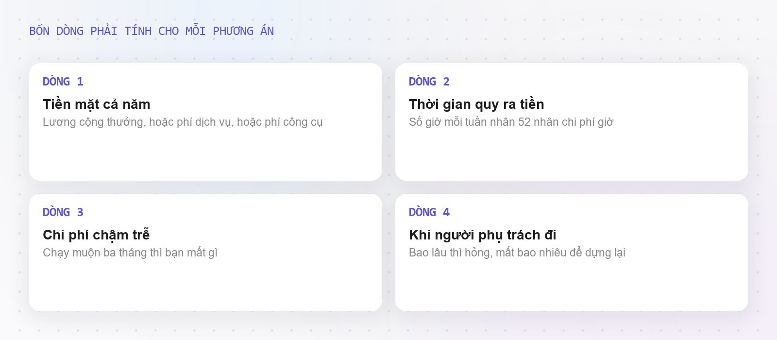 Bốn dòng chi phí phải tính cho mỗi phương án